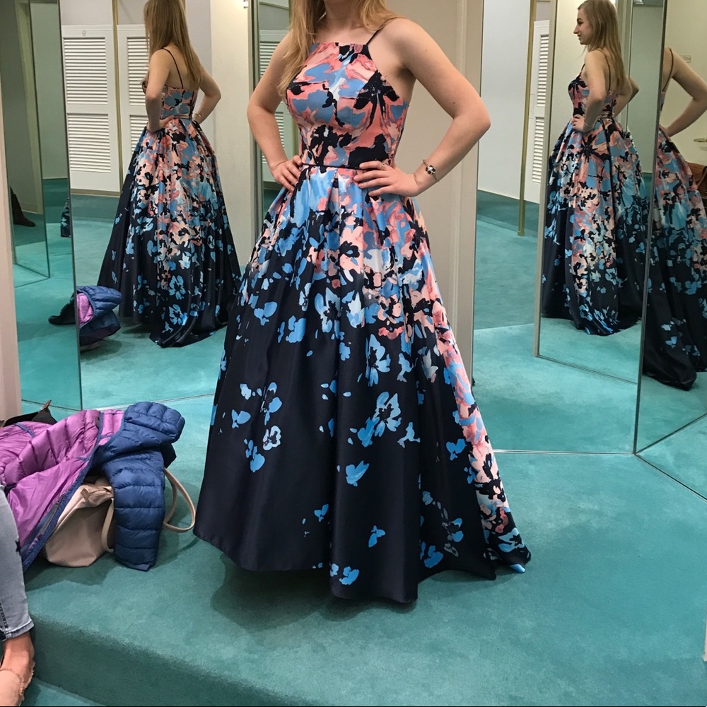 Betsy and Adam High-Low Satin Ballgown in Pink and Blue